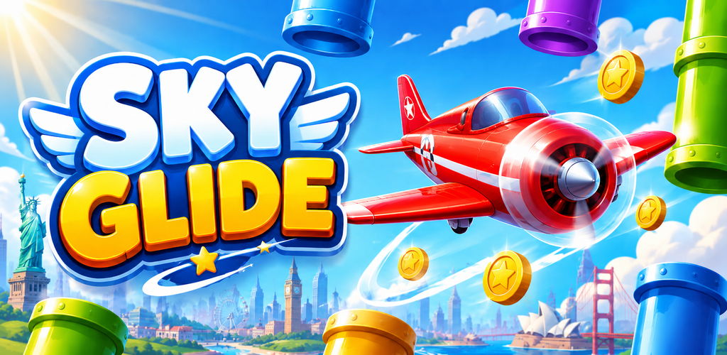 Красный самолёт Sky Glide летит между цветными трубами